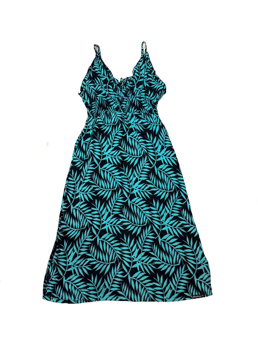 Vintage Rainbow Jo Hawaiian Rayon Maxi Dress Large Black Teal Palm Leaf 90s